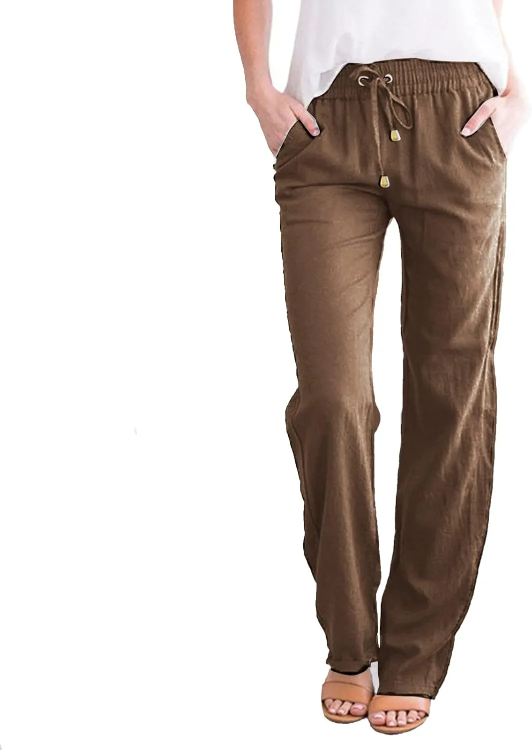 Linen Pants for Women High Waist Casual Wide Leg Pants Drawstring Summer Pants with Pockets Beach Palazzo Pants Trousers, 3X-Large, #B3-brown