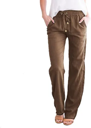 Linen Pants for Women High Waist Casual Wide Leg Pants Drawstring Summer Pants with Pockets Beach Palazzo Pants Trousers, 3X-Large, #B3-brown
