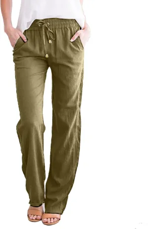 Linen Pants for Women High Waist Casual Wide Leg Pants Drawstring Summer Pants with Pockets Beach Palazzo Pants Trousers, 3X-Large, #B5-bronze
