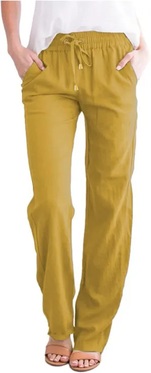 Linen Pants for Women High Waist Casual Wide Leg Pants Drawstring Summer Pants with Pockets Beach Palazzo Pants Trousers, 3X-Large, #B6-yellow