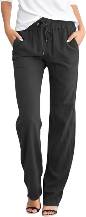 Linen Pants for Women High Waist Casual Wide Leg Pants Drawstring Summer Pants with Pockets Beach Palazzo Pants Trousers, X-Large, #A1-black
