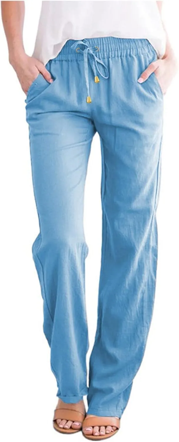 Linen Pants for Women High Waist Casual Wide Leg Pants Drawstring Summer Pants with Pockets Beach Palazzo Pants Trousers, X-Large, #B4-sky Blue