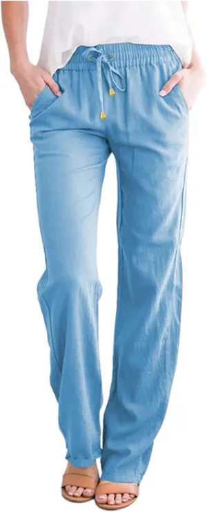 Linen Pants for Women High Waist Casual Wide Leg Pants Drawstring Summer Pants with Pockets Beach Palazzo Pants Trousers, X-Large, #B4-sky Blue