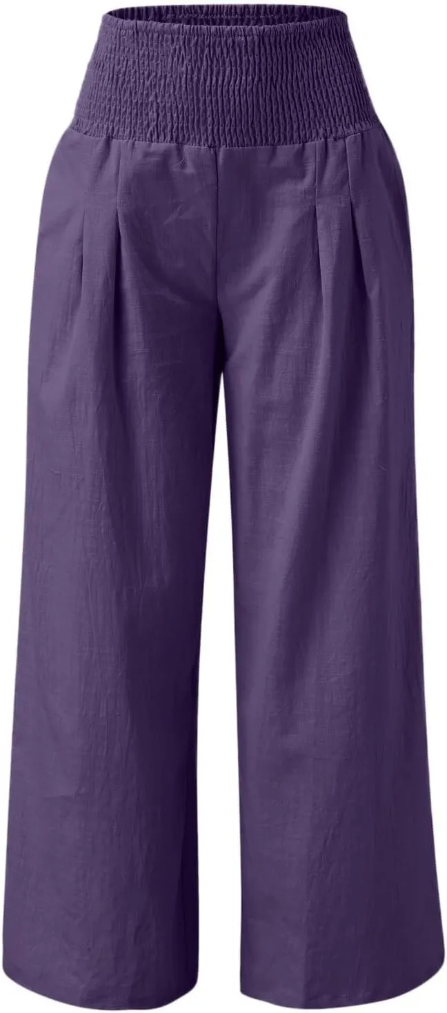 Linen Pants for Women Pleated High Waisted Wide Leg Pants Boho 2025 Summer Casual Pants Baggy Palazzo Pants