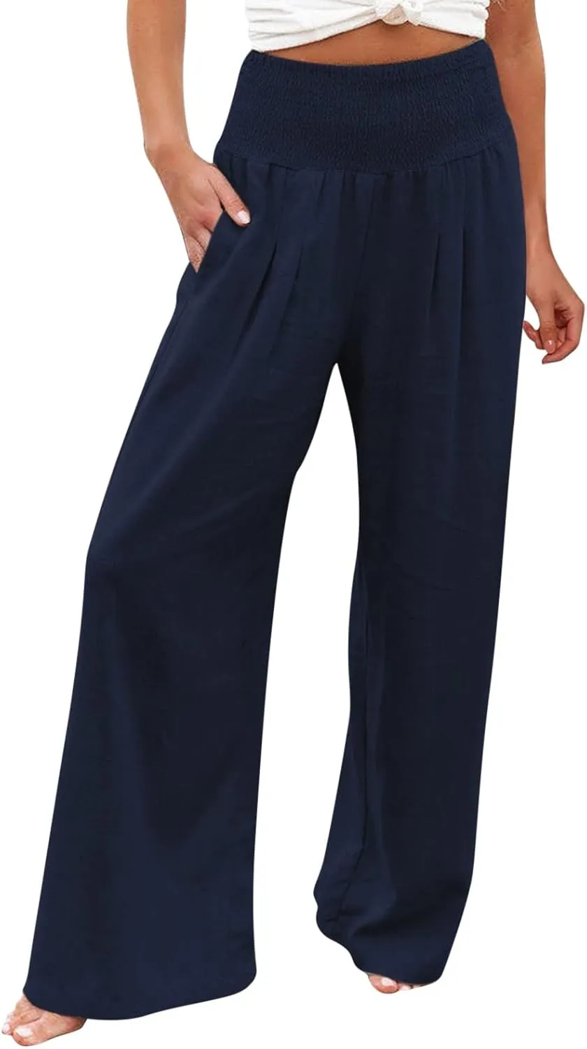 Linen Pants for Women Pleated High Waisted Wide Leg Pants Boho 2025 Summer Casual Pants Baggy Palazzo Pants