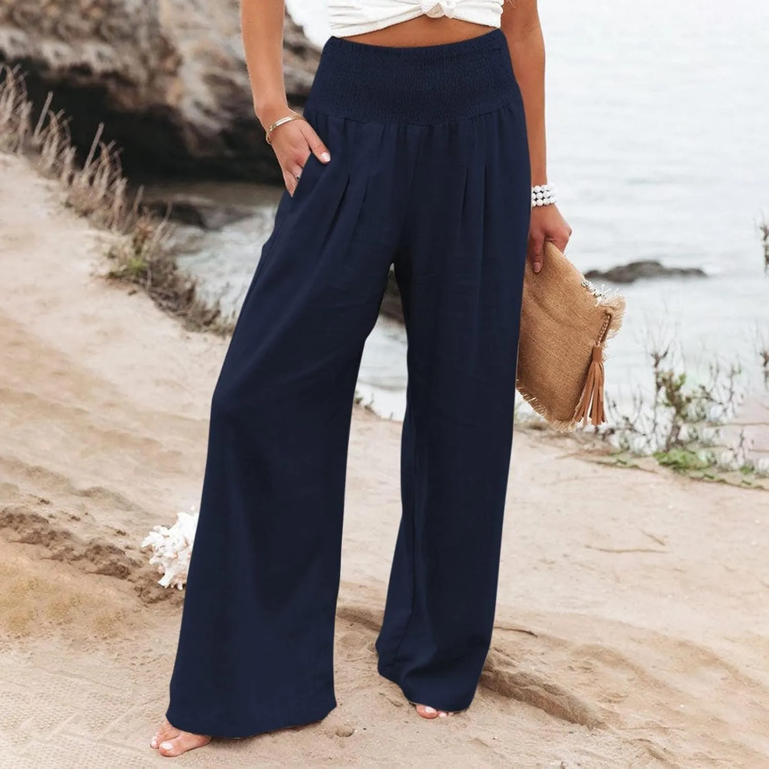 Linen Pants for Women Pleated High Waisted Wide Leg Pants Boho 2025 Summer Casual Pants Baggy Palazzo Pants