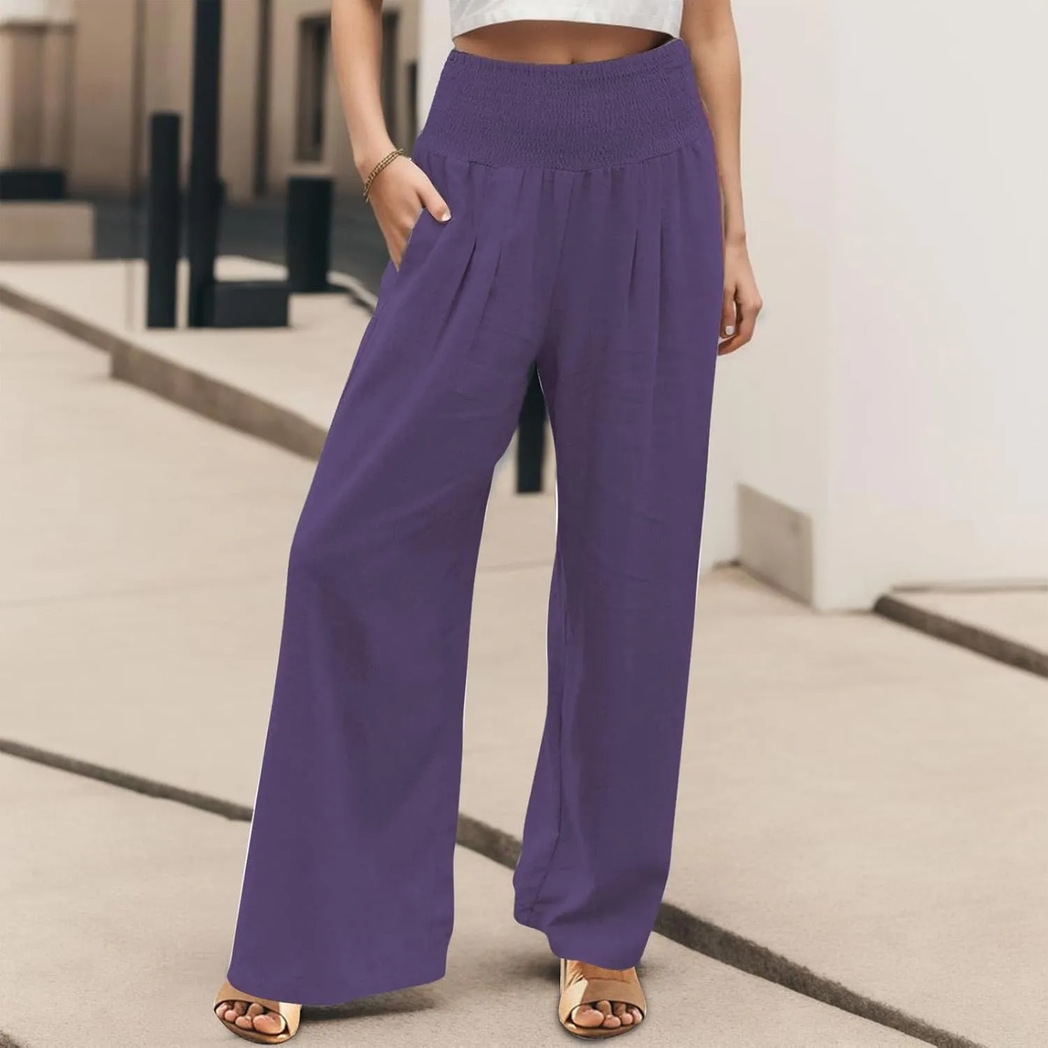 Linen Pants for Women Pleated High Waisted Wide Leg Pants Boho 2025 Summer Casual Pants Baggy Palazzo Pants