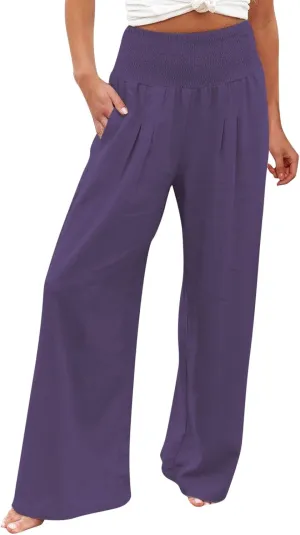 Linen Pants for Women Pleated High Waisted Wide Leg Pants Boho 2025 Summer Casual Pants Baggy Palazzo Pants