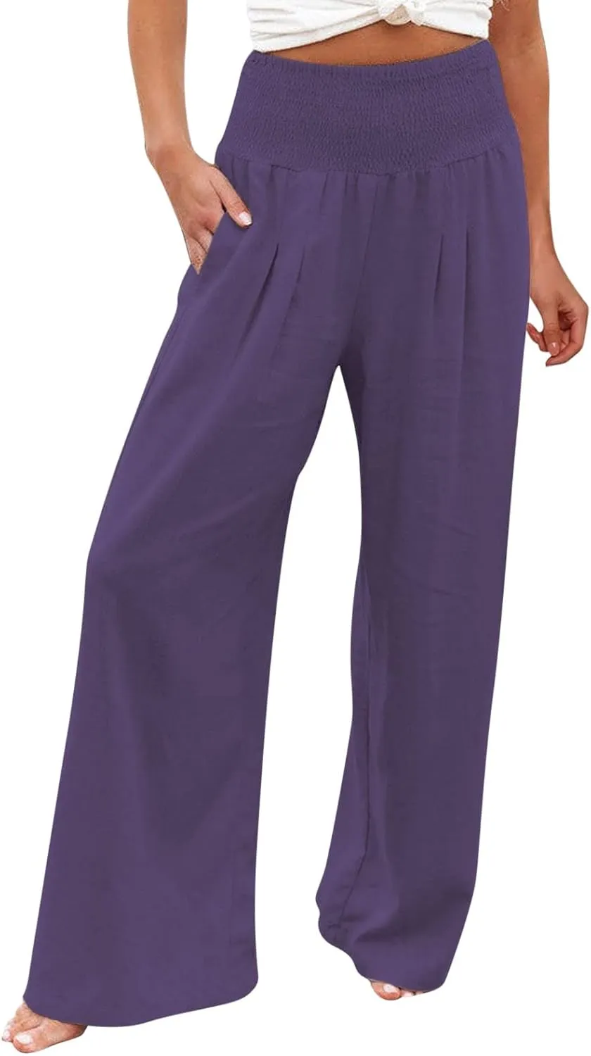 Linen Pants for Women Pleated High Waisted Wide Leg Pants Boho 2025 Summer Casual Pants Baggy Palazzo Pants
