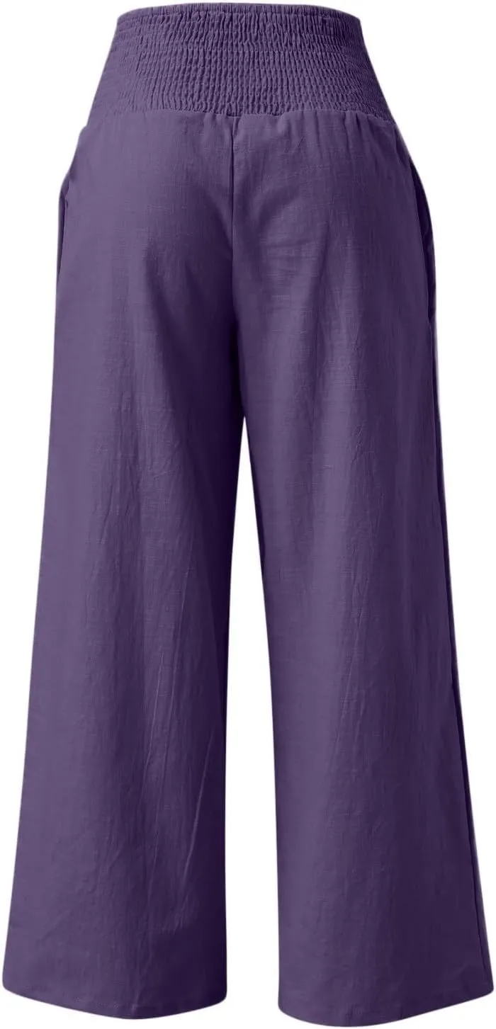 Linen Pants for Women Pleated High Waisted Wide Leg Pants Boho 2025 Summer Casual Pants Baggy Palazzo Pants