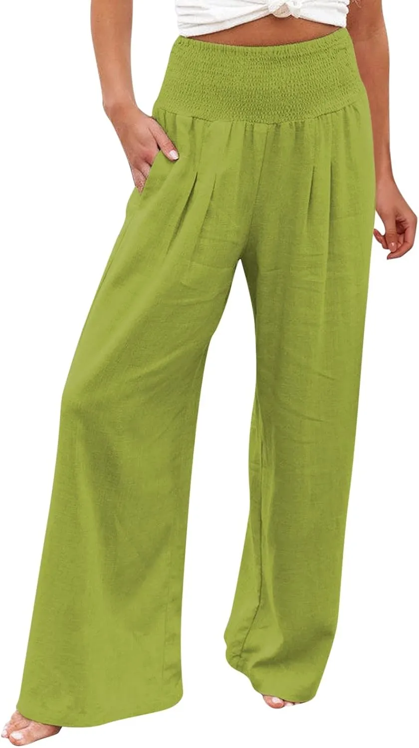 Linen Pants for Women Pleated High Waisted Wide Leg Pants Boho 2025 Summer Casual Pants Baggy Palazzo Pants
