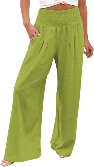 Linen Pants for Women Pleated High Waisted Wide Leg Pants Boho 2025 Summer Casual Pants Baggy Palazzo Pants