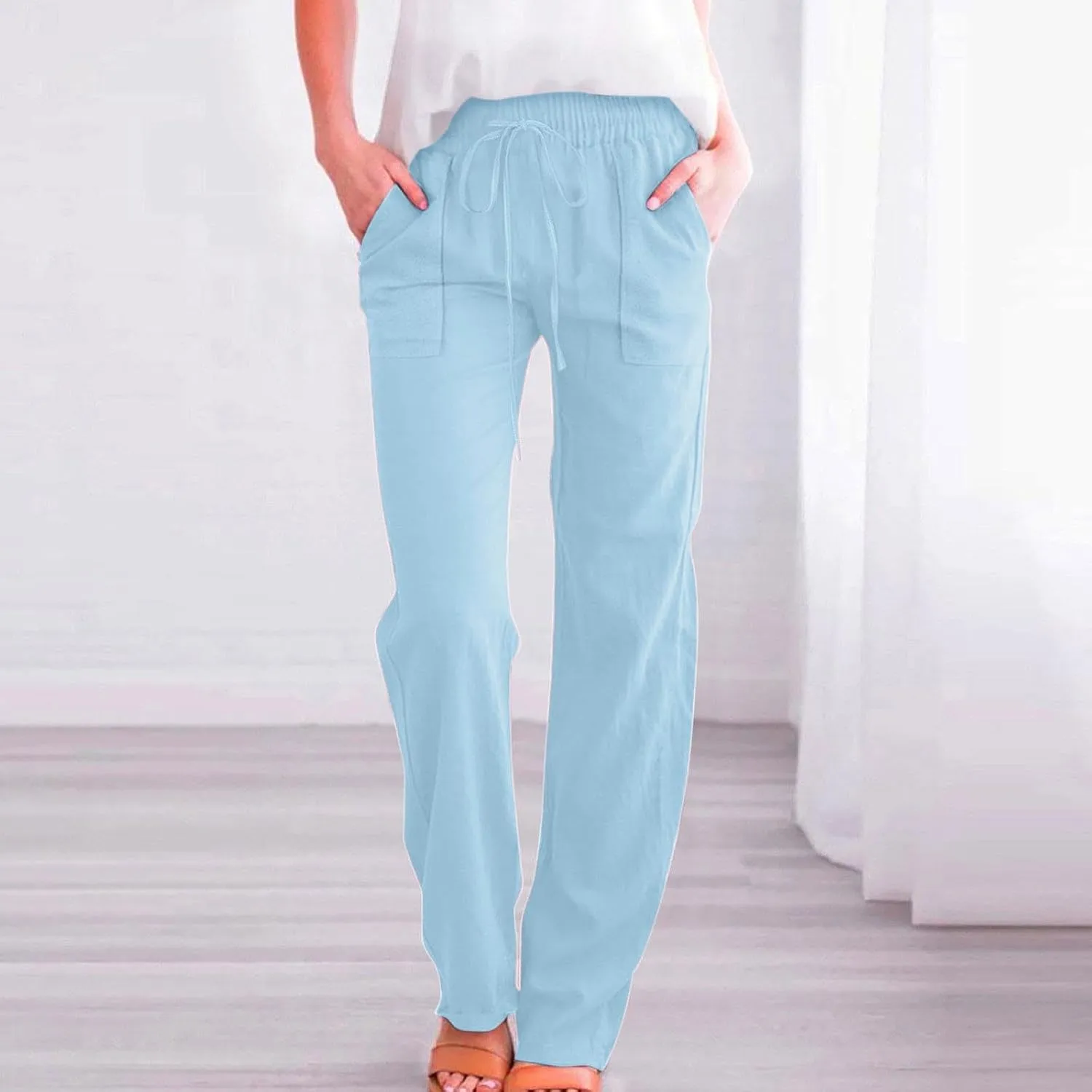 Linen Pants Women 2025 Summer Drawstring Pants Casual Loose Wide Leg Lounge Pants Trousers for Beach Travel Vacation