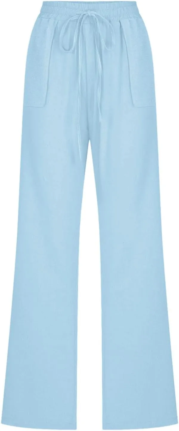 Linen Pants Women 2025 Summer Drawstring Pants Casual Loose Wide Leg Lounge Pants Trousers for Beach Travel Vacation
