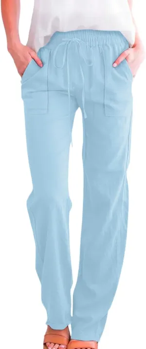 Linen Pants Women 2025 Summer Drawstring Pants Casual Loose Wide Leg Lounge Pants Trousers for Beach Travel Vacation