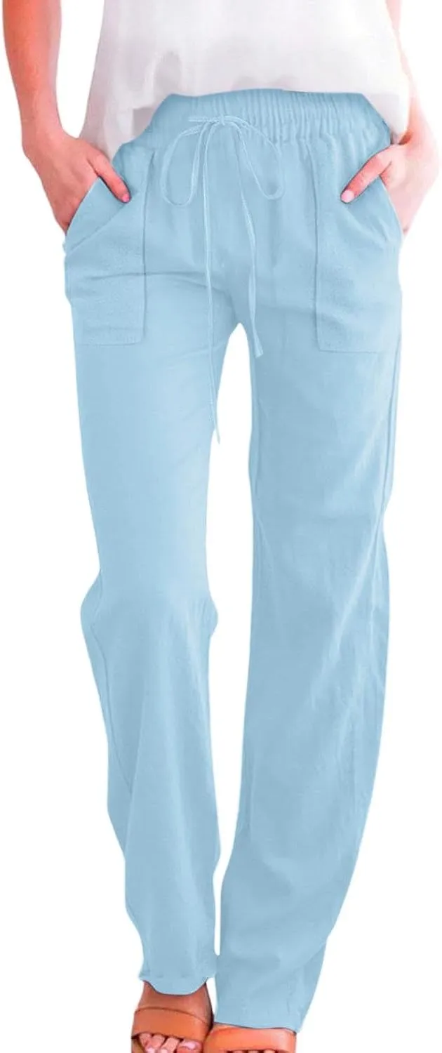 Linen Pants Women 2025 Summer Drawstring Pants Casual Loose Wide Leg Lounge Pants Trousers for Beach Travel Vacation