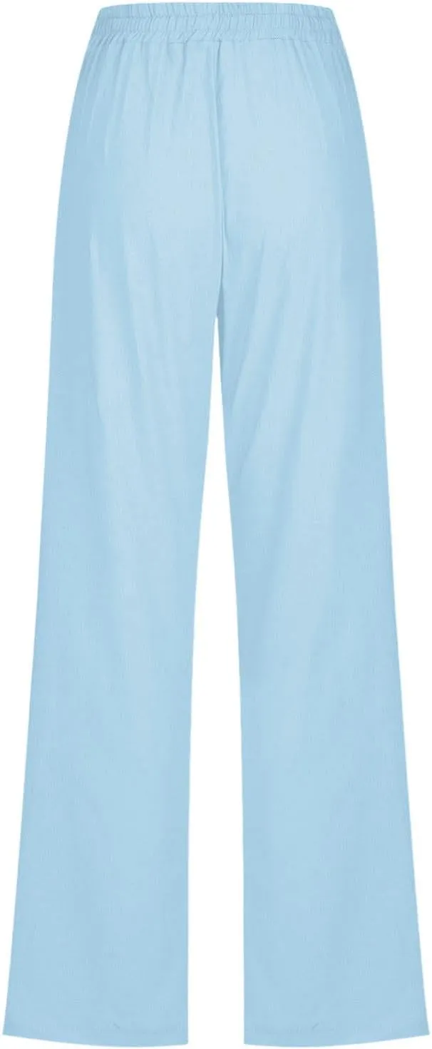 Linen Pants Women 2025 Summer Drawstring Pants Casual Loose Wide Leg Lounge Pants Trousers for Beach Travel Vacation
