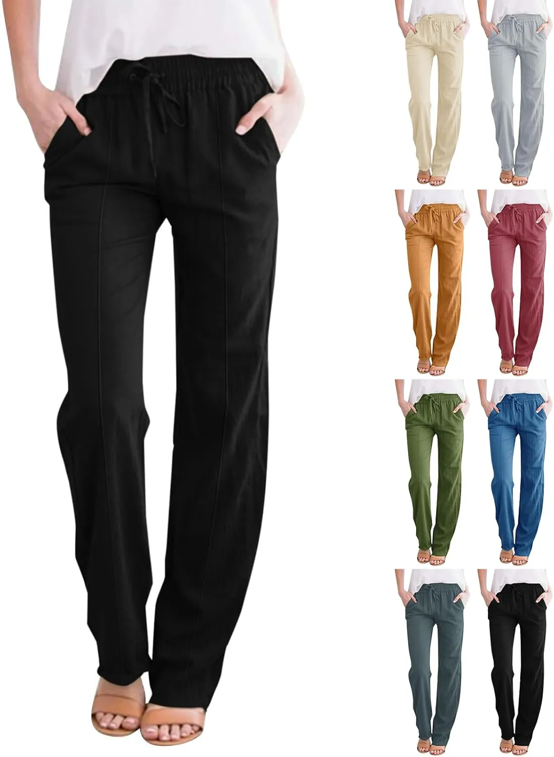 Linen Pants Women Casual Summer Beach Loose Elastic High Waisted Drawstring Lounge Straight Leg Pants with Pockets