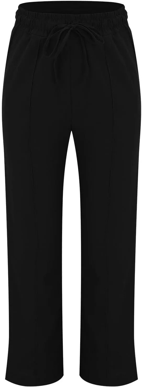 Linen Pants Women Casual Summer Beach Loose Elastic High Waisted Drawstring Lounge Straight Leg Pants with Pockets
