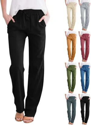 Linen Pants Women Casual Summer Beach Loose Elastic High Waisted Drawstring Lounge Straight Leg Pants with Pockets