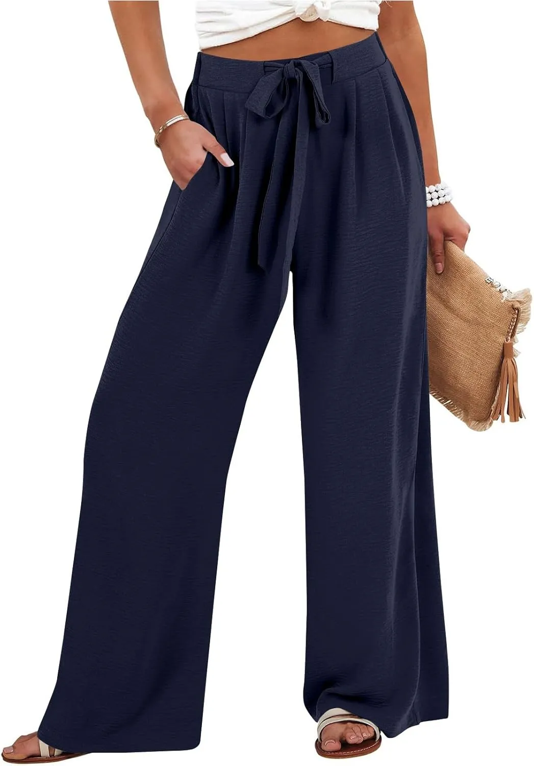 Linen Pants Women High Waisted Wide Leg Work Pants Business Casual Formal Pull On Dress Pants with Pockets Slacks