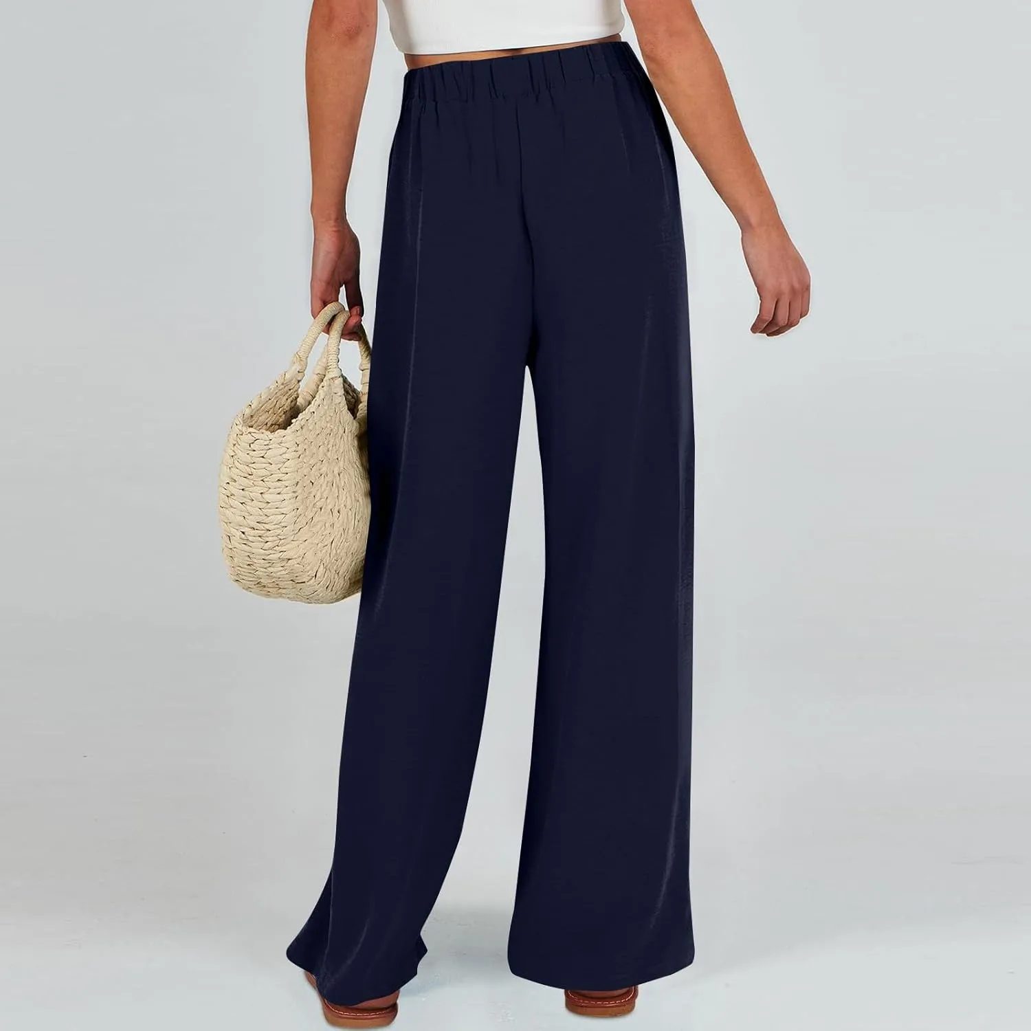 Linen Pants Women High Waisted Wide Leg Work Pants Business Casual Formal Pull On Dress Pants with Pockets Slacks