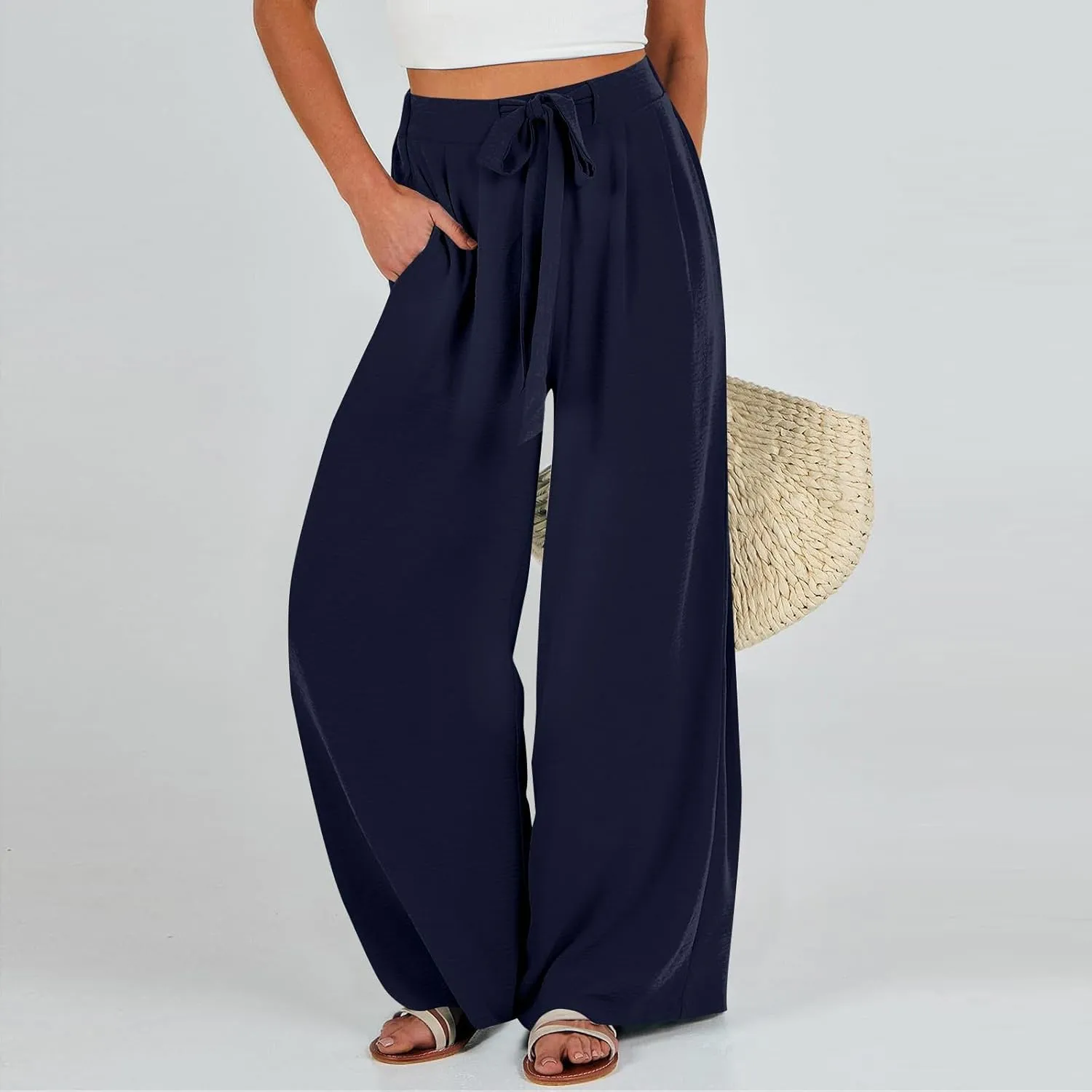 Linen Pants Women High Waisted Wide Leg Work Pants Business Casual Formal Pull On Dress Pants with Pockets Slacks