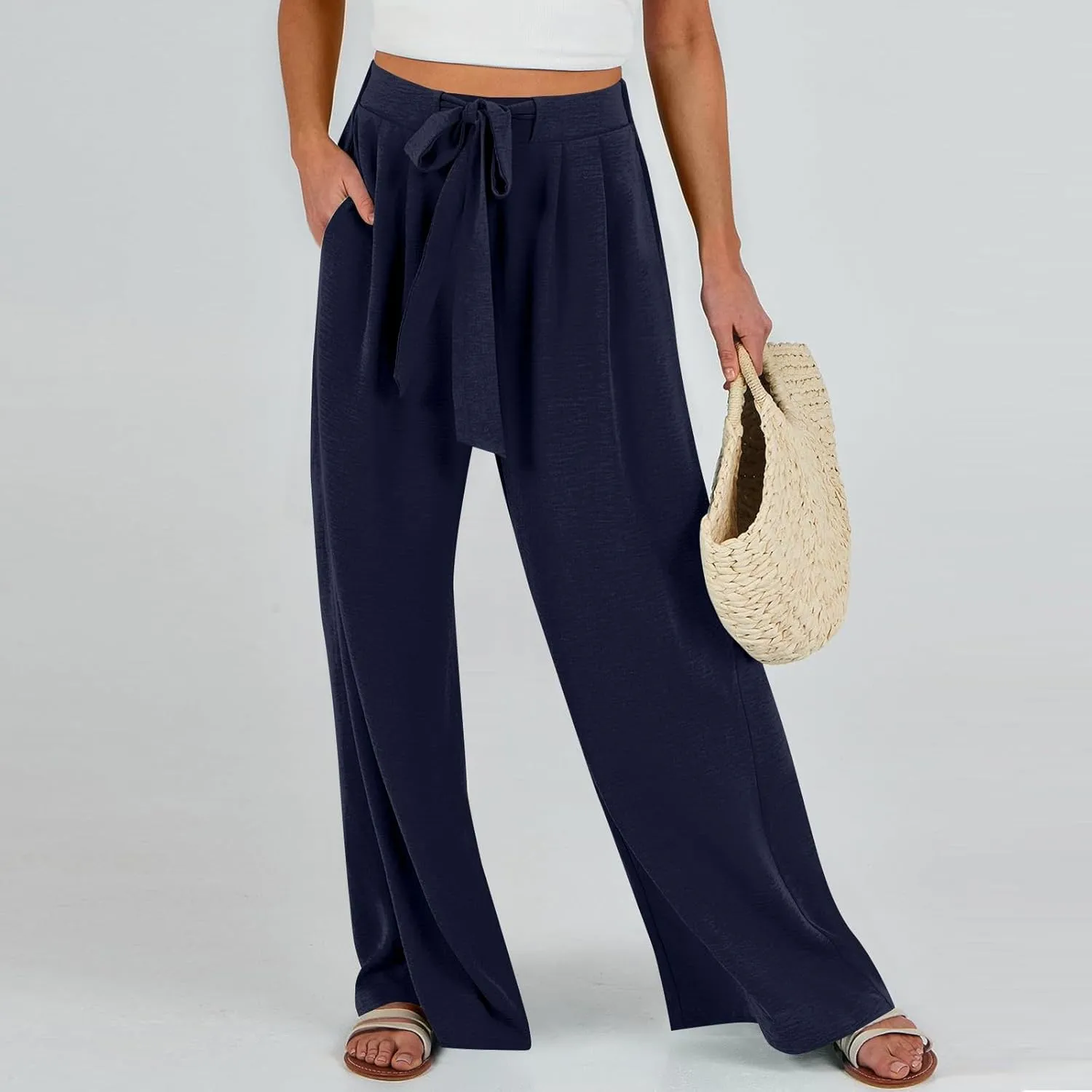 Linen Pants Women High Waisted Wide Leg Work Pants Business Casual Formal Pull On Dress Pants with Pockets Slacks