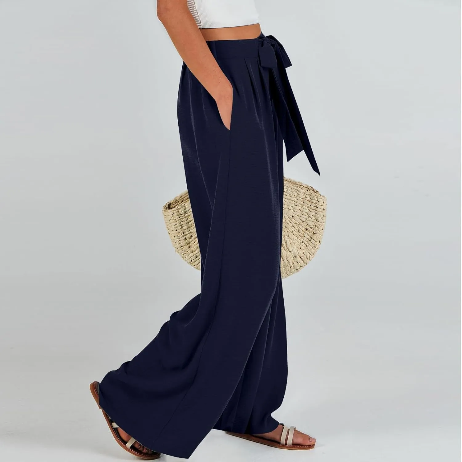 Linen Pants Women High Waisted Wide Leg Work Pants Business Casual Formal Pull On Dress Pants with Pockets Slacks