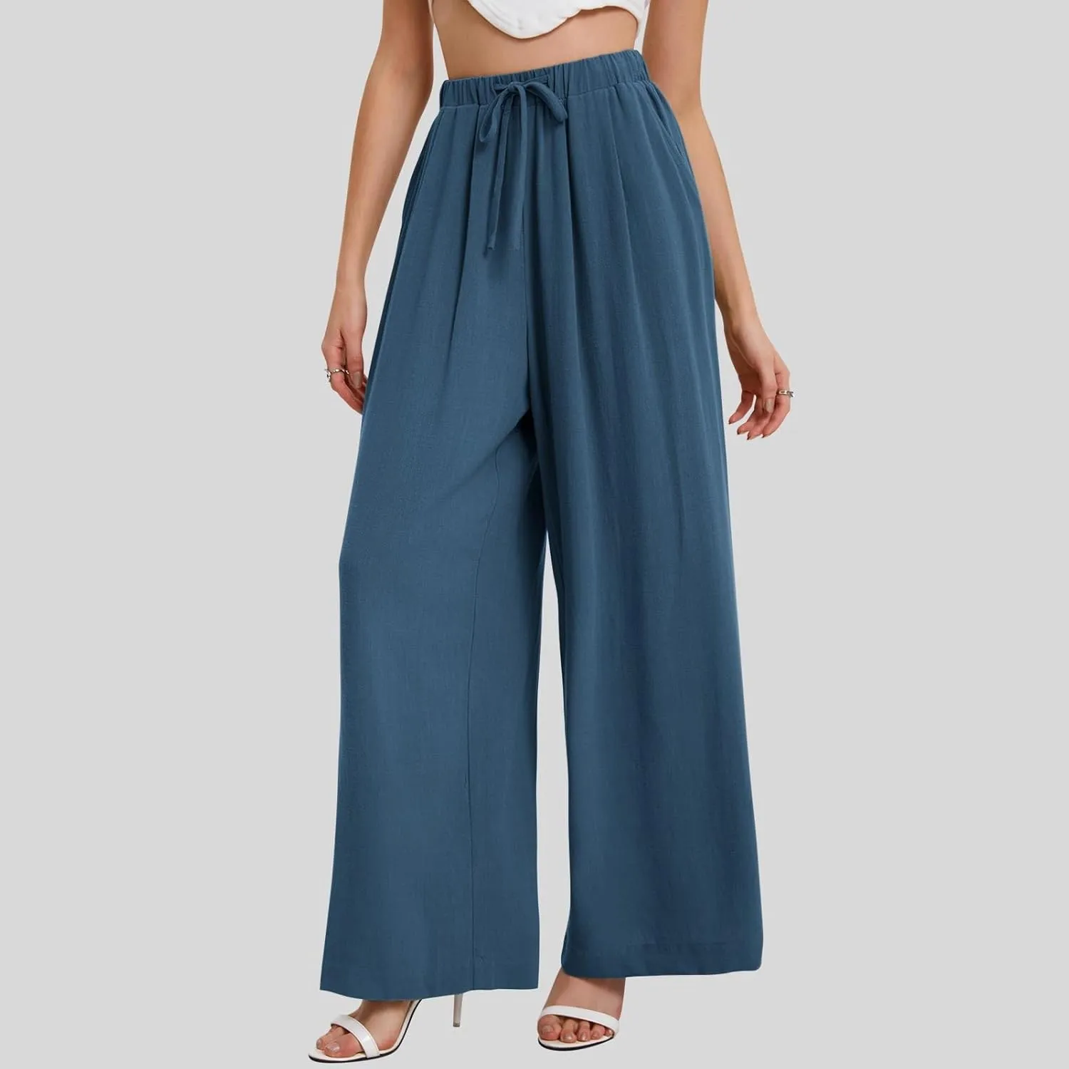 Linen Pants Women Wide Leg Flowy Boho Pants Lounge Pants Loose Fit with Pockets Palazzo Pants Beach