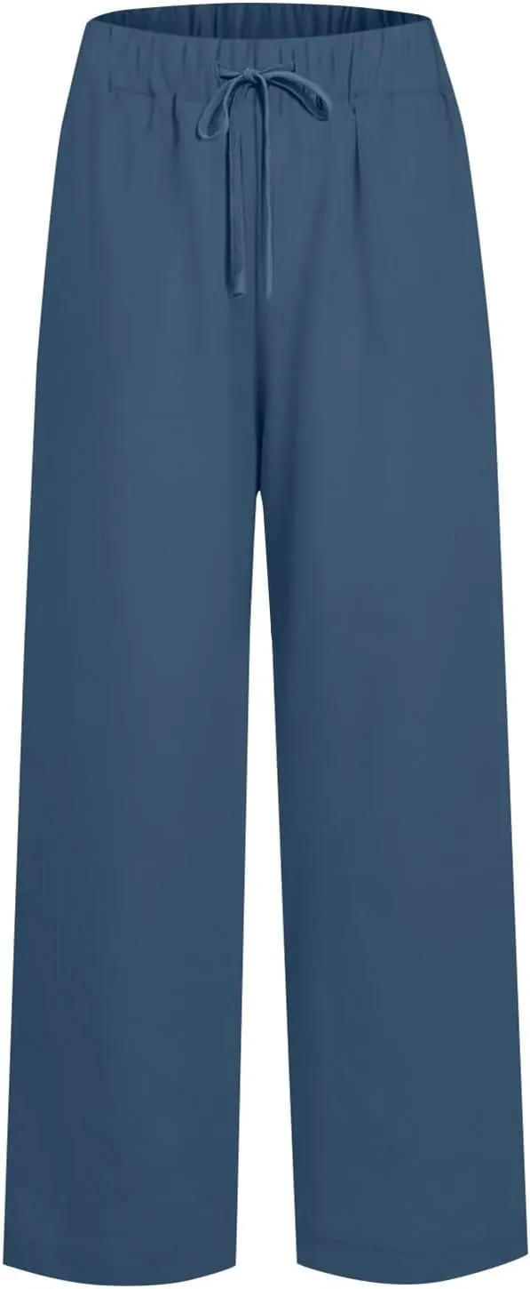 Linen Pants Women Wide Leg Flowy Boho Pants Lounge Pants Loose Fit with Pockets Palazzo Pants Beach