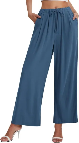 Linen Pants Women Wide Leg Flowy Boho Pants Lounge Pants Loose Fit with Pockets Palazzo Pants Beach