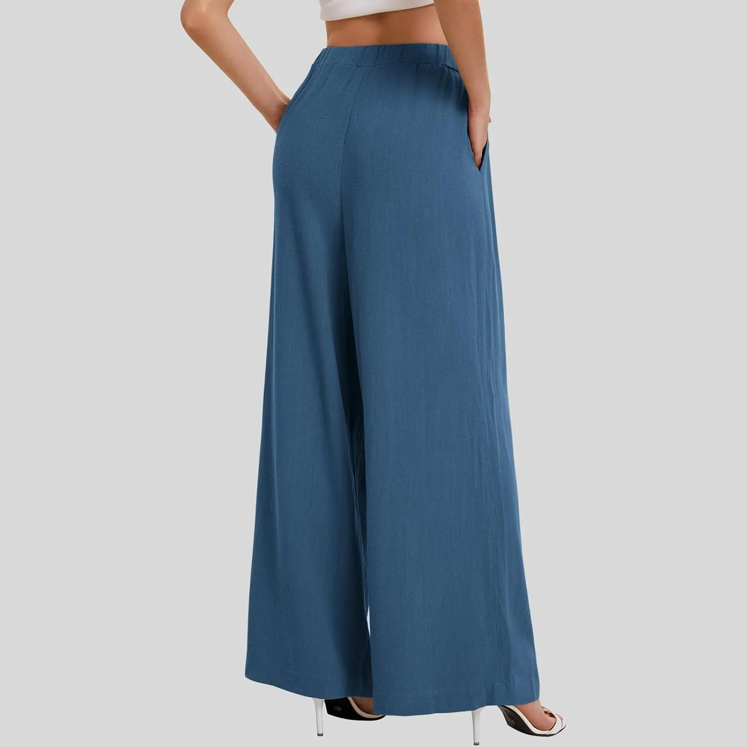 Linen Pants Women Wide Leg Flowy Boho Pants Lounge Pants Loose Fit with Pockets Palazzo Pants Beach