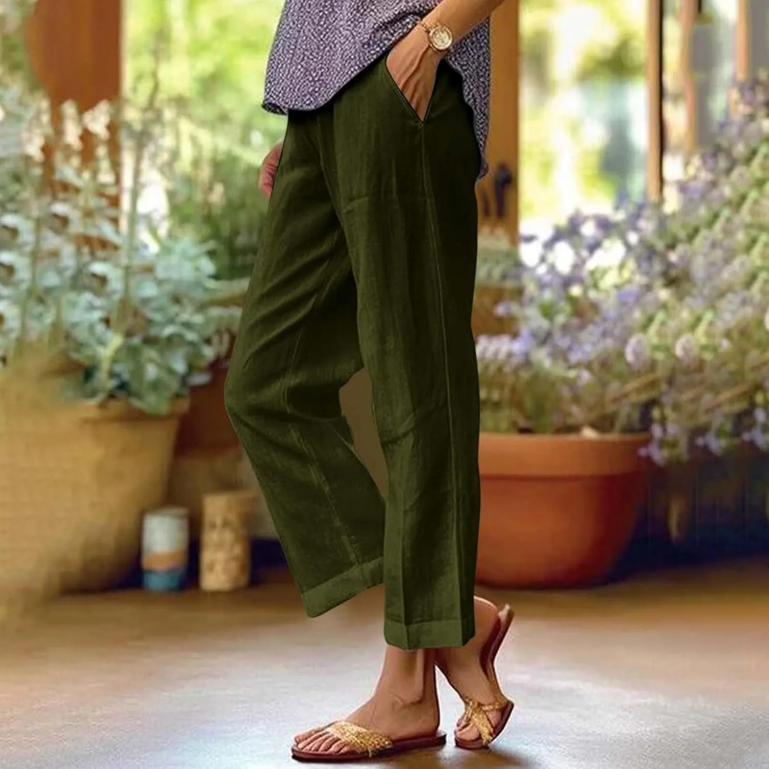 Linen Pants Womens Summer Pants Wide Leg Pants Casual with Pockets Elastic Waist Straight Leg Pants Beach Trousers