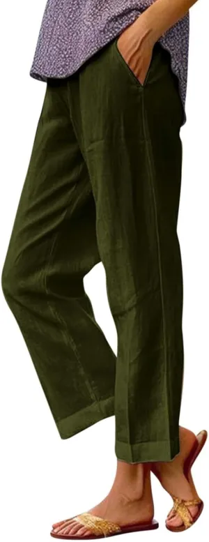 Linen Pants Womens Summer Pants Wide Leg Pants Casual with Pockets Elastic Waist Straight Leg Pants Beach Trousers