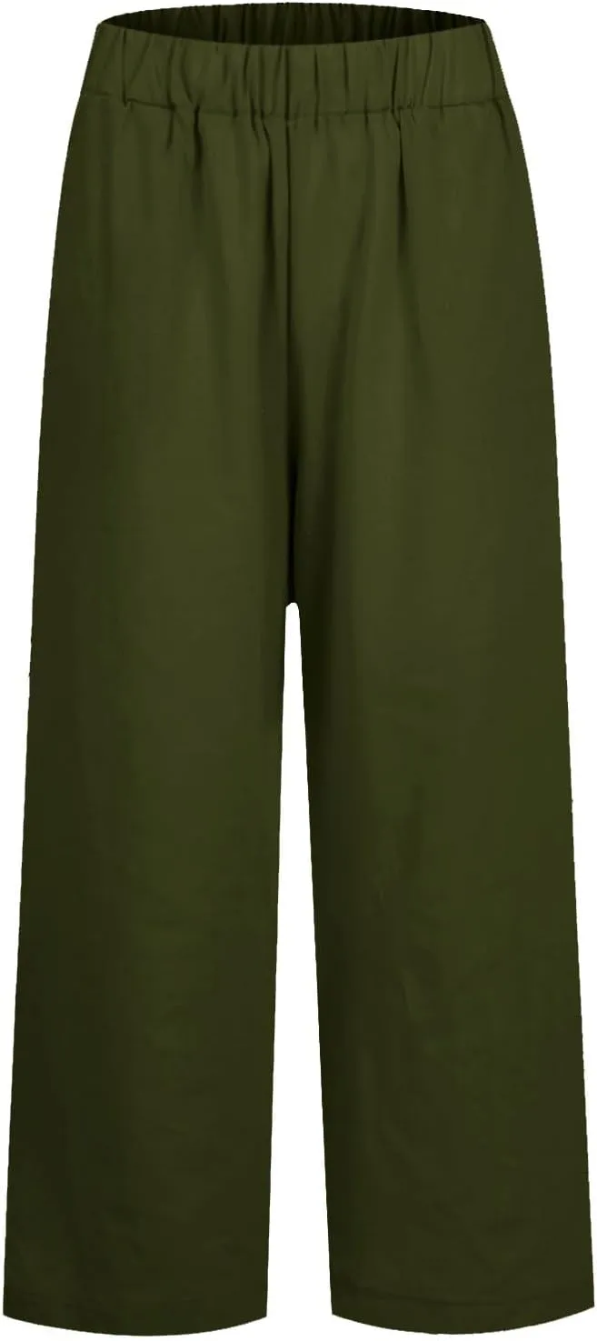 Linen Pants Womens Summer Pants Wide Leg Pants Casual with Pockets Elastic Waist Straight Leg Pants Beach Trousers