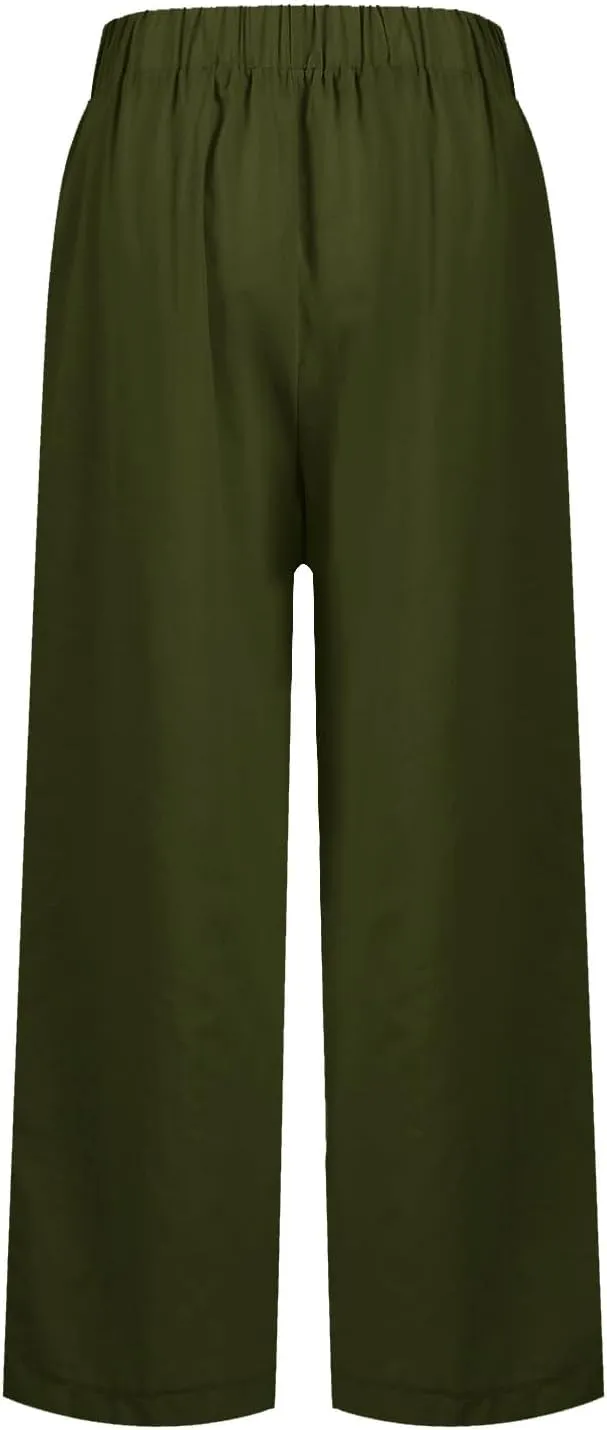Linen Pants Womens Summer Pants Wide Leg Pants Casual with Pockets Elastic Waist Straight Leg Pants Beach Trousers