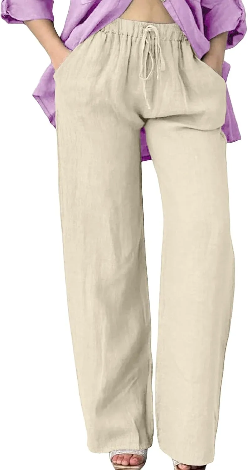 Linen Wide Leg Pants for Women Casual Summer Elastic Waist Beach Pants Loose Fit Flowy Lounge Trousers with Pockets