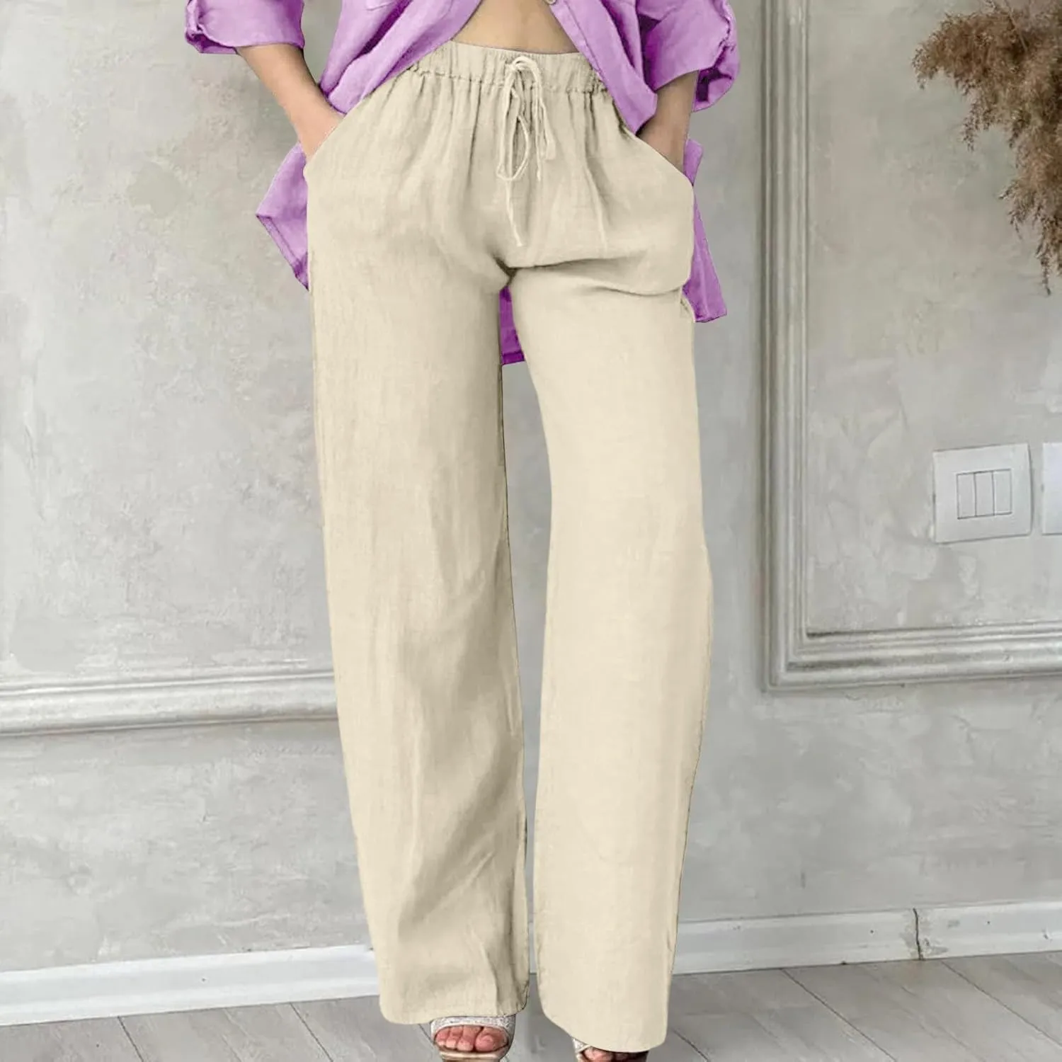 Linen Wide Leg Pants for Women Casual Summer Elastic Waist Beach Pants Loose Fit Flowy Lounge Trousers with Pockets