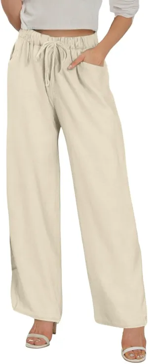 Linen Wide Leg Pants for Women Casual Summer Elastic Waist Beach Pants Loose Fit Flowy Lounge Trousers with Pockets