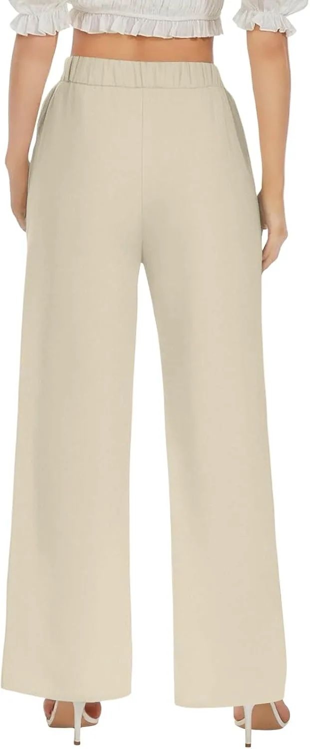 Linen Wide Leg Pants for Women Casual Summer Elastic Waist Beach Pants Loose Fit Flowy Lounge Trousers with Pockets