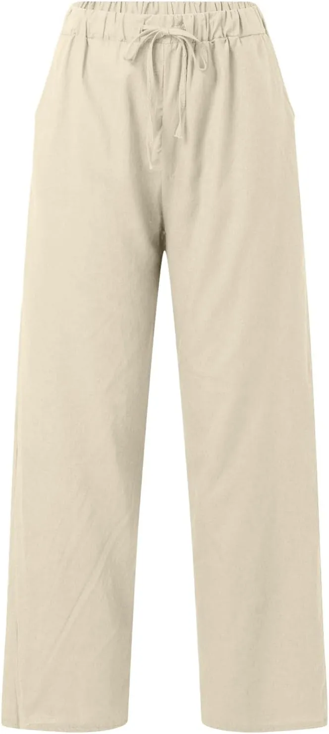 Linen Wide Leg Pants for Women Casual Summer Elastic Waist Beach Pants Loose Fit Flowy Lounge Trousers with Pockets