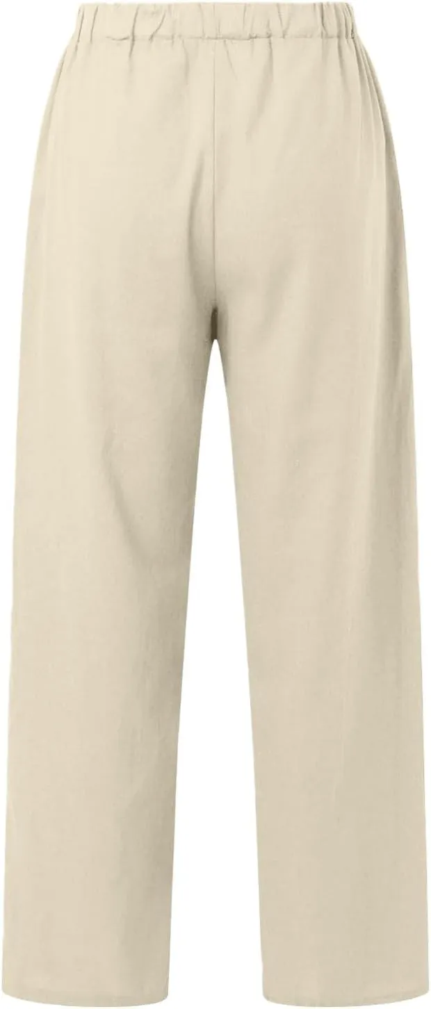 Linen Wide Leg Pants for Women Casual Summer Elastic Waist Beach Pants Loose Fit Flowy Lounge Trousers with Pockets