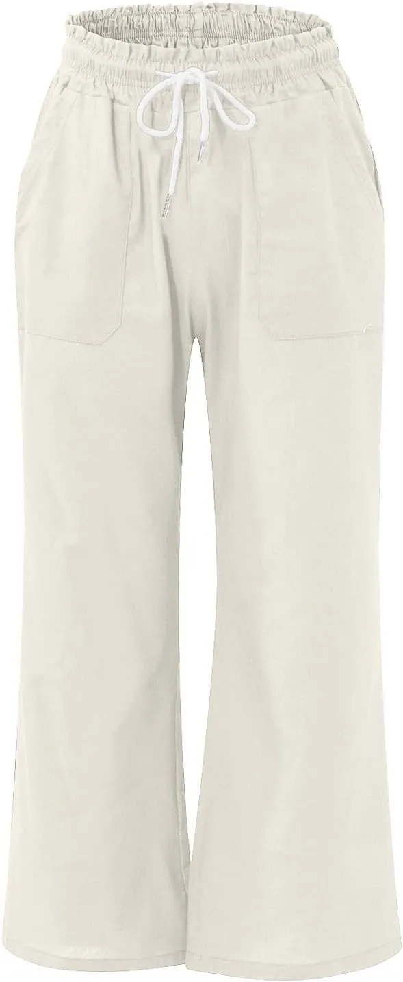 Linen Wide Leg Pants for Women Casual Summer Elastic Waist Loose Fit Beach Pants Comfy Flowy Lounge Pant with Pockets
