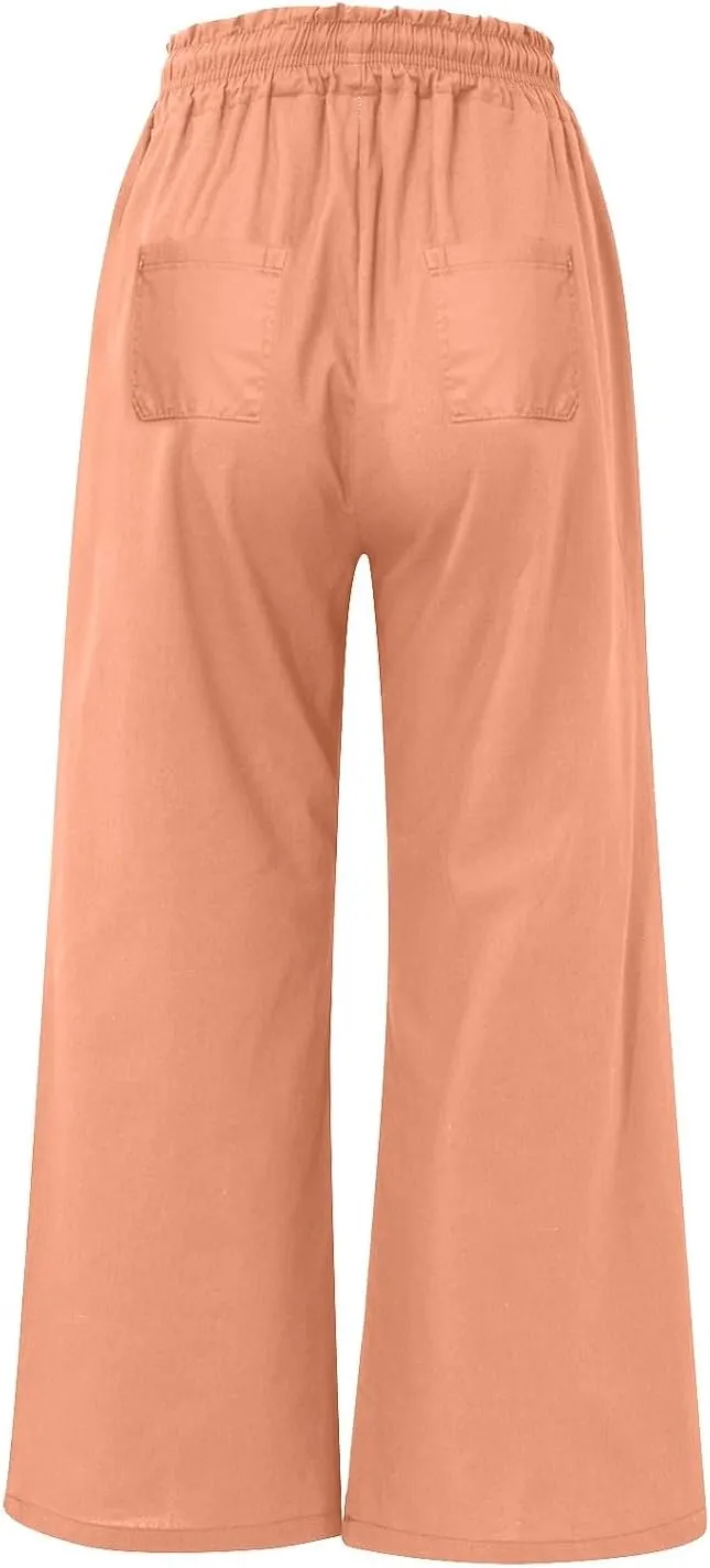 Linen Wide Leg Pants for Women Casual Summer Elastic Waist Loose Fit Beach Pants Comfy Flowy Lounge Pant with Pockets