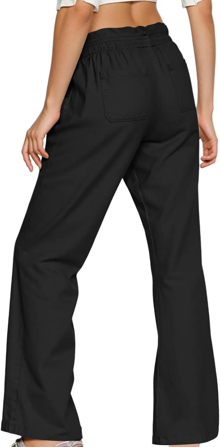 Linen Wide Leg Pants for Women Casual Summer Elastic Waist Loose Fit Beach Pants Comfy Flowy Lounge Pant with Pockets