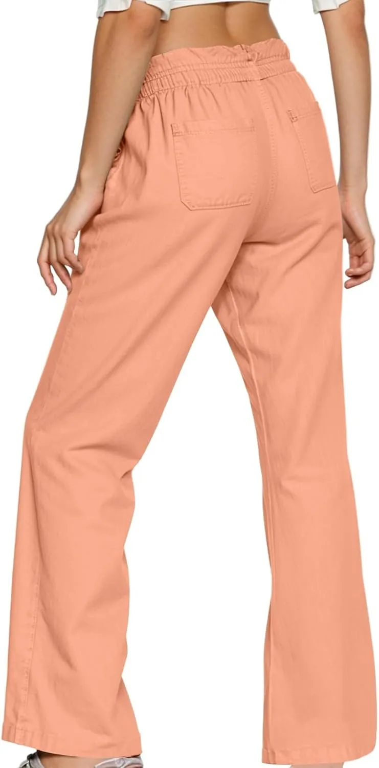 Linen Wide Leg Pants for Women Casual Summer Elastic Waist Loose Fit Beach Pants Comfy Flowy Lounge Pant with Pockets
