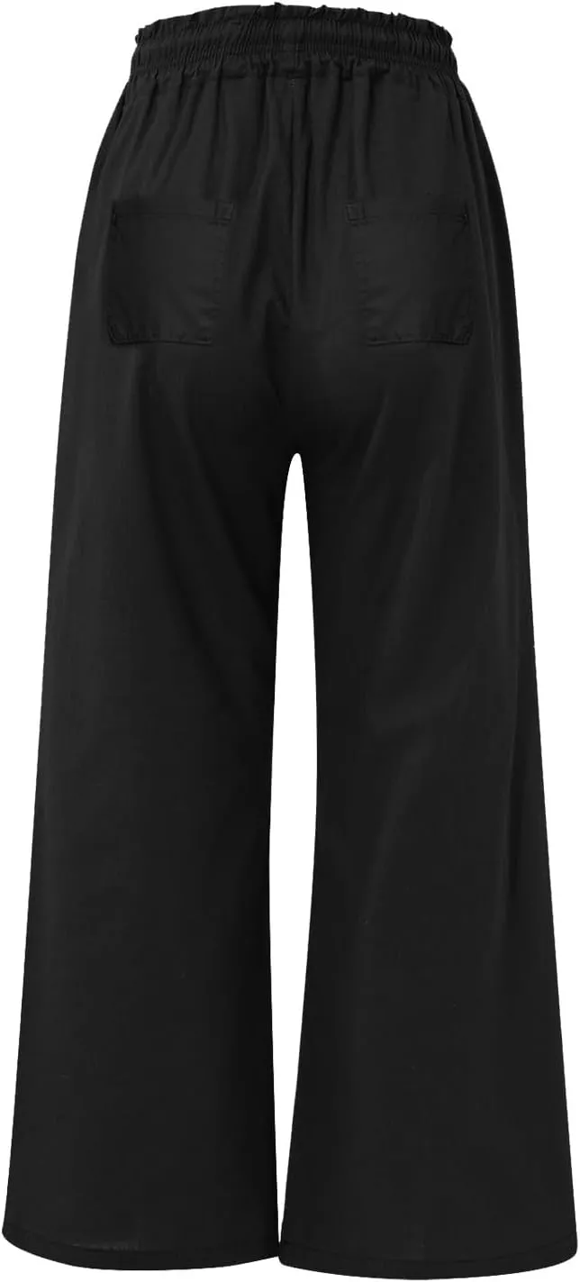 Linen Wide Leg Pants for Women Casual Summer Elastic Waist Loose Fit Beach Pants Comfy Flowy Lounge Pant with Pockets