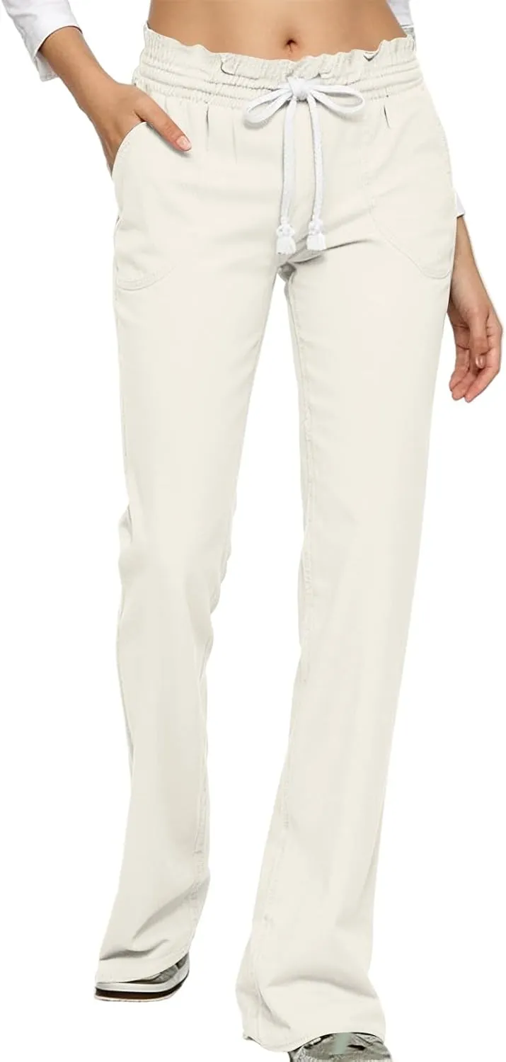 Linen Wide Leg Pants for Women Casual Summer Elastic Waist Loose Fit Beach Pants Comfy Flowy Lounge Pant with Pockets
