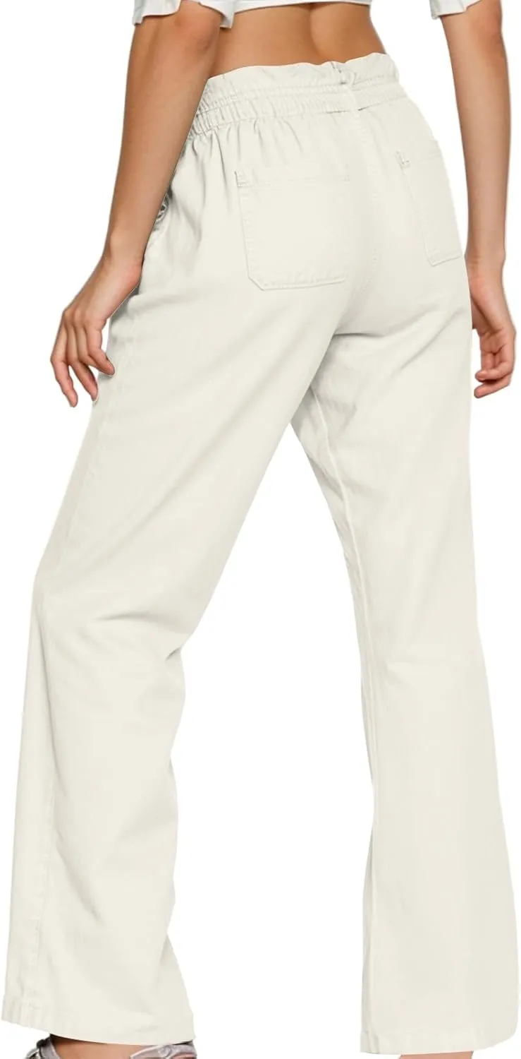 Linen Wide Leg Pants for Women Casual Summer Elastic Waist Loose Fit Beach Pants Comfy Flowy Lounge Pant with Pockets